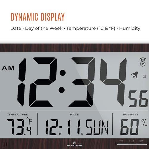 Marathon CL030062WD Slim Jumbo Atomic Wall Clock, Walnut Finish - Large, 15-Inch Display - Alarm, Am/Pm Or 24-Hour Time, Eight Time Zones, Indoor Temperature & Humidity thumb #3