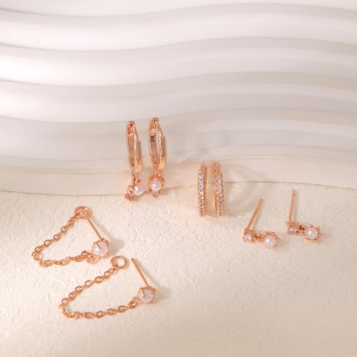Image of Gold Earrings for Women, 14k Gold Plated Dangle Huggie Earrings for Women Trendy Dainty Gold Hoop Earring Stacks Hypoallergenic Pearl Chain Drop Cartilage Earring Fashion Womens Jewelry