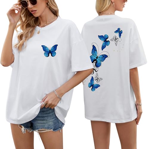 heekpek Women's Oversized T Shirts Ladies Summer Tops Plus Size Vintage Graphic Tee Cotton Short Sleeve Tshirts Drop Shoulder Casual Baggy Blouse Tee Shirts, White 2#, XXL