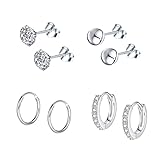 Epoch World 4 Paar Ohrringe Silber 925 Ohrstecker Damen Ohrringe Stecker Herren Creolen Diamant Ohrstecker Silber Kleine Creolen Set Ohrstecker mit Zirkonia Ohrringe für Damen Männer Mädchen