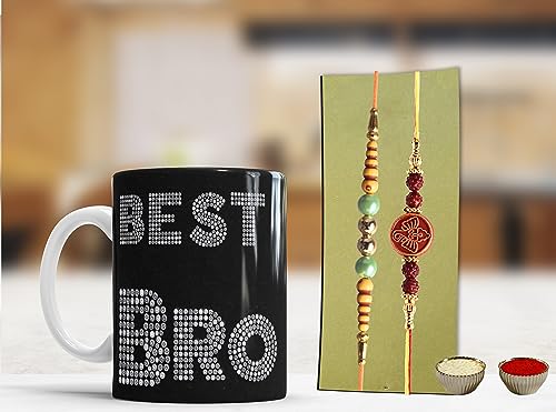 Image of Rakhi Gift for Brother and Rakshabandhan Gift | Rakhi for Brother with Printed Ceramic Mug| | Pack of 4 (Printed Mug, Roli Chawal, 02Rakhi) | Best Rakhi Gift for Brother. (01)