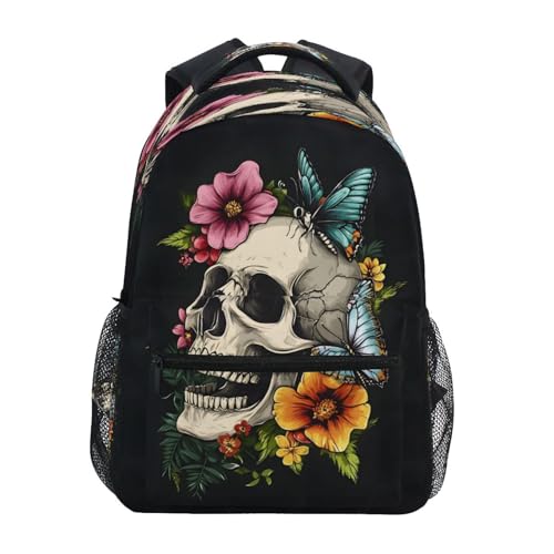Black Sugar Skull Flower Butterfly Backpack for School Boys Girls Adults Kids Bookbag Laptop Bag 15L