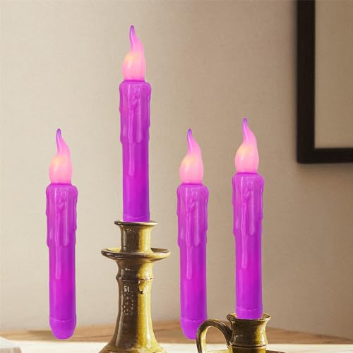 Image of Magical Candlesticks Flameless Taper Candle, 4pcs Real Wax LED Tapered Candles Remote Dipped Candle 6inches Battery Chandelier for Enchanting Weddings Harry Potter Inspired Vigils (Purple)