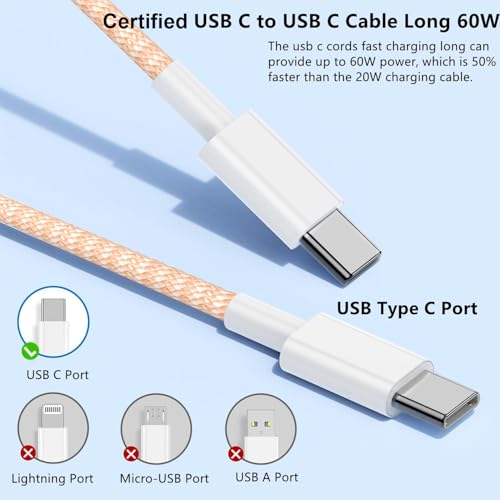 Image of USB C to C Charger Cable 10ft, 60W Type C to C Fast Charging Cable Cord Long for Apple iPhone 17 Pro Max /17 Air /16 Pro Max /16 Pro /15 Plus /15 Pro Max /MacBook 2021 /2020 /2019,iPad Pro /Mini /Samsung Galaxy