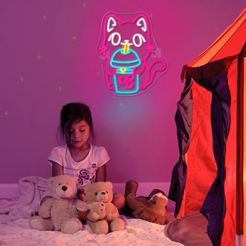 Image of Cat Boba Tea Neon Sign,Cute Pink Kitty Bubble Tea Neon Signs for Wall Decor,Dimmable LED Neon Light Bar Sign,USB Light Up Signs for Kids Bedroom Dimsum Store Cofes Bar Milk Tea Shop