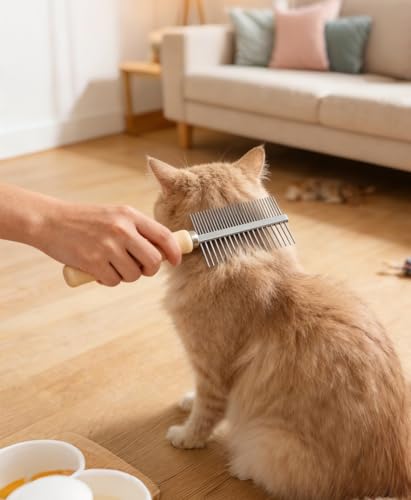 Image of Double Row Undercoat Rake for Dogs & Cats - Wooden Handle Metal Dog Comb, Pet Grooming Dog Rake for Deshedding & Detangling