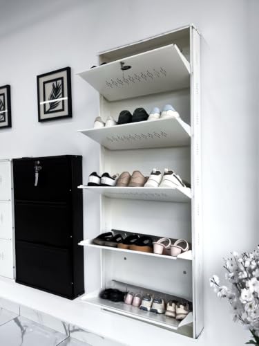 Image of Skywave luxury Wall Mounted Metal Shoe Rack with Lock - 1-2 Day Delivery | 5 Shelf, 25 Pairs | Heavy Duty Steel Shoe Cabinet | Central Locking | Space Saving | 3 Year Warranty (Ivory White, 26 Inches)