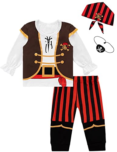 Auggle Toddler Baby Boy Outfits Pirate Set for Children Halloween Costume Kid Long Sleeve with Head Scarf (Red 12-18M)
