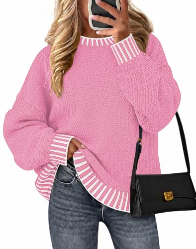 Image of Fall Clothes for Women 2026 Fashion Outfits Knitted Oversized Sweaters | Disamer Womens Sweater Trendy,Color Block Crew Neck Long Sleeve Knitted Pullover Jumper Tops,Striped,Winter Cute Sweaters