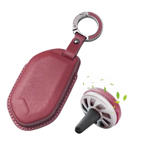 Image of Keyzone Premium Leather Key Cover & AC Vent Car Perfume Combo (4 Fragrances) | Compatible for Kia Seltos 2026, Syros, EV6, EV9 4 Button Smart Key (Red)