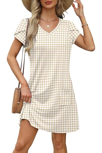 Image of OFEEFAN Womens Summer Dresses 2026 Tulip Petal Short Sleeve V Neck Loose Swing Sundresses with Pockets Plain /Print