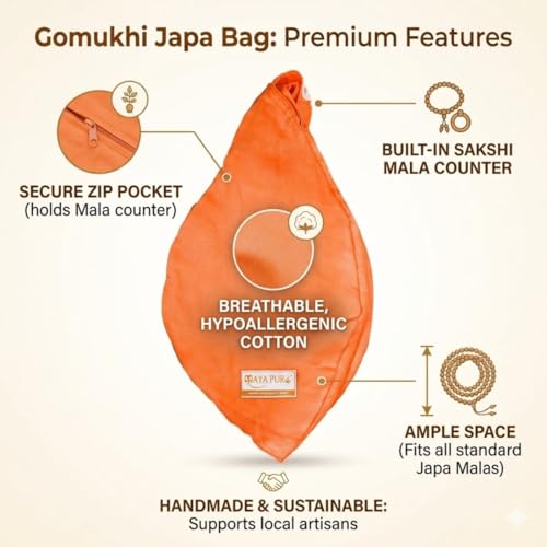 Image of Original Bhagwa Pure Cotton Gomukhi Japa Mala Bag Or Chanting Bag /Beads Bag With Zip Pocket And Sakshi Mala Counter For Daily Mantra Jaap, Saffron Color, travel, orange