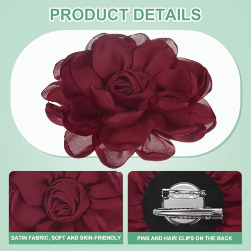 Image of M METERXITY Rose Flower Brooches and Pins for Women, Lapel Pins Dainty Satin Fabric Big Camellia Hair Flowers Clips for Wedding /Parties /Clothes /Jewelry