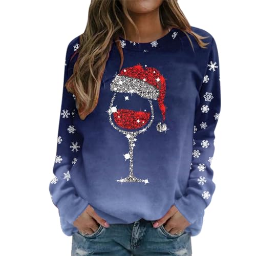 Sudadera de Feliz Navidad para mujer, diseño gráfico de copa de vino tinto, suéter feo de Navidad, blusa ligera, 02azul oscuro, Small