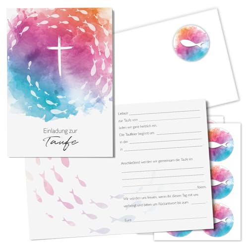 dv_1203 Juego de 15 tarjetas de invitación para bautizo, en DIN A6 con cruz en multicolor, 10,5 x 14,8 cm, con 15 sobres y 18 pegatinas para decorar, rellenas con texto en blanco