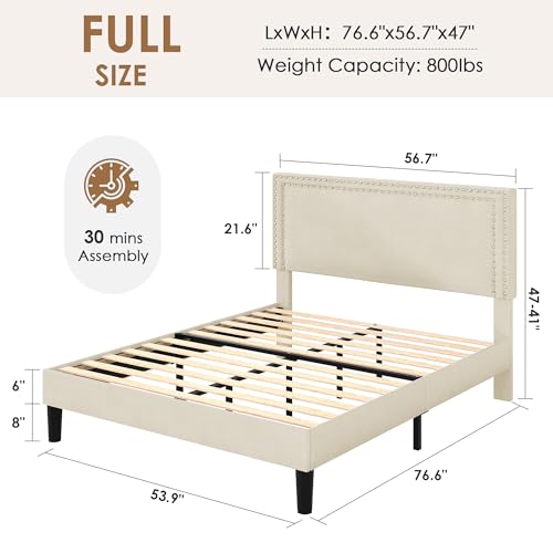 Image of VECELO Full Size Platform Bed Frame with Height Adjustable Upholstered Headboard, Modern Mattress Foundation,Strong Wood Slat Support, No Box Spring Needed, Easy Assembly,Beige