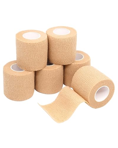 FriCARE Self Adhesive Bandage Wrap, Medical Tape in First Aid Kit, Cohesive Bandages for Wounds Sport Vet, FSA/HSA Eligible, 2 Inches X 5 Yards 6 Rolls, Tan