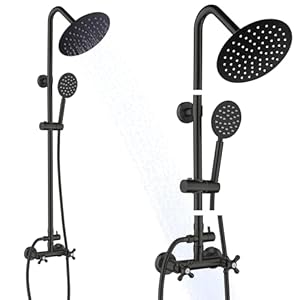 Matte Black Outdoor Shower Kit, 2 Handle 8 Inch Round Rain Shower Head Outdoor Shower Fixtures Faucet System with High Pressure Handheld Spray, Wall Mounted