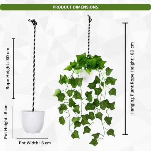Image of fancymart Artificial Hanging Ivy Plant with White Hanging Pot & Rope, Pack of 2, Realistic Green Leaf Creeper for Home, Office, Living Room & Wall Decor, 60 cm Height