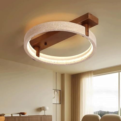 Plafoniera In Travertino Giallo E Legno DLGLOLIN – Lampada LED Naturale, 25 Cm, In Pietra Naturale, Per Camera, Soggiorno E Corridoio