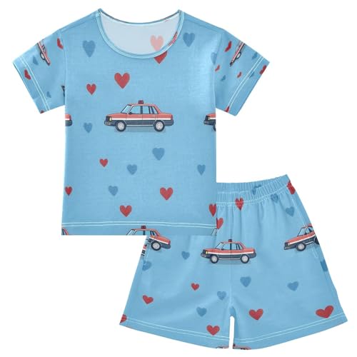 senya Short Sleeve Pajamas Sets Summer Cotton Sleepwear Police Cars Blue Background Pattern