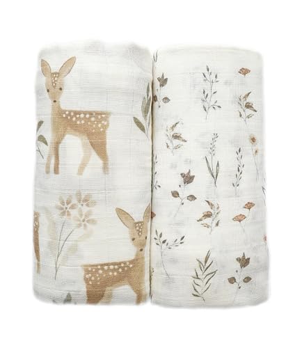 Image of Ultra-Soft Organic Muslin Swaddle Blankets - 70% Viscose from Bamboo & 30% Cotton, 2-Pack - Gentle, Breathable, Lightweight, Soft Muslin - 47 x 47 inch, Soft Baby Wraps (Baby Deer&Meadow Magic)