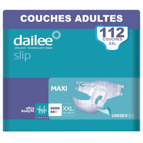 Dailee Slip XXL - 112x Couches Adultes - 4 Paquets de 28 Pièces, Fuites Important 7,5 Gouttes - Slip Incontinence Homme, Femme et Personnes Âgées