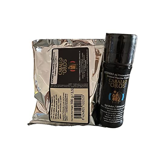 Escamas de pimiento ahumado Agridulce en molinillo rellenable de 24gr y sobre recarga de escamas Agridulce rellenable para molinillo de 100 gr de escamas Caballo de Oros…