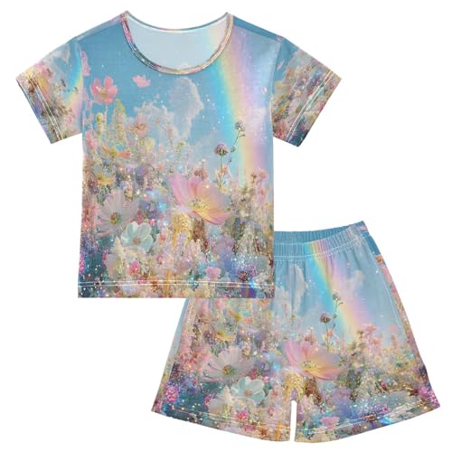 senya Short Sleeve Pajamas Sets Summer Cotton Sleepwear Rainbow and Flower