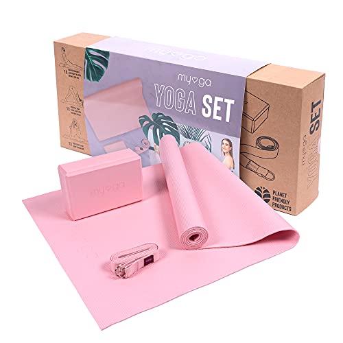 Myga Yoga Starter Set - Yoga Mat, Yoga Block Brick & Metal D-Ring Yoga Strap - Starter Kit for Beginners great for Pilates, Yoga, Stretching, Health & Fitness - Complete Home Studio Set for Gifting