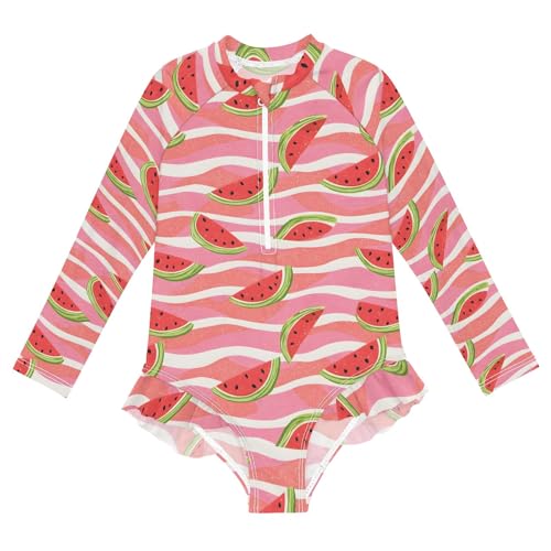 Pink Stripes Watermelon Pattern Girls One Piece Rash Guard Swimsuit, Girls Long Sleeve Swimwear for 3-12Y