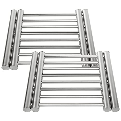LOLYSIC Lot de 2 dessous de plat en acier inoxydable pour plan de travail de cuisine, 23 cm à 38 cm, antidérapants, résistants à la chaleur, pour plan de travail de cuisine, argenté Cover