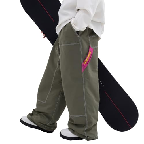 SNOWVERB Waterproof Baggy Snowboard Pants Inner Thigh Vents Ski Pants Loose Fit Streetwear Snow Pants for Men Women Army Green