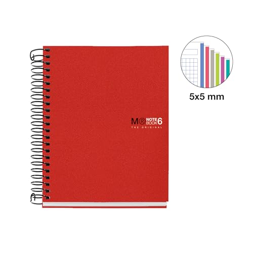 Image of Miquelrius - The Original A6 Notebook, 6 Coloured Stripes, Opaque Polypropylene Cover, Size 105 x 148 mm, No Drilling, 150 Sheets of 70 g /m, 5 mm Square, Red
