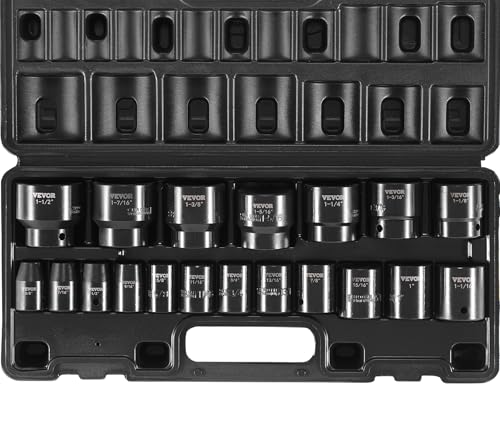 VEVOR Impact Socket Set 1/2 Inches 19 Piece Impact Sockets, 1/2 Inches Drive Socket Set Impact 6-point Hex Sockets Standard SAE (3/8 Inches to 1-1/2 Inches) Standard Socket Assortment