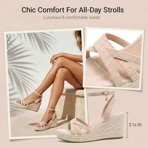 Image of Dressy Open Toe Sandals Platform Wedge Sandals with Cushioned Insole and Ankle Strap Buckle,Strappy Espadrille Wedge Sandals for Women Comfortable Summer
