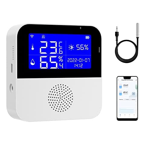 Wifi Temperature Humidity Monitor,Support Light illuminance/LED Display/Clock/External Probe, Indoor & Outdoor Smart Thermometer Hygrometer with Alarm and Built-in Emergency Battery,Work with Alexa Cover