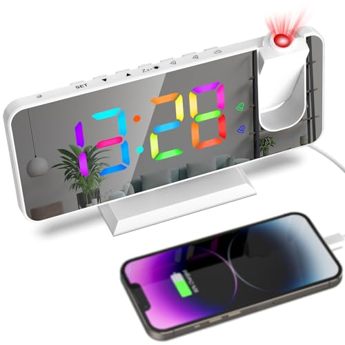 Projection Alarm Clocks for Bedrooms, 7.4” LED Digital Clock Large Display with 180° Projection, 11 Colors RGB Alarm Clock with USB, 5 Dimmer, Dual Alarm Clock for Heavy Sleepers ( Color : White )