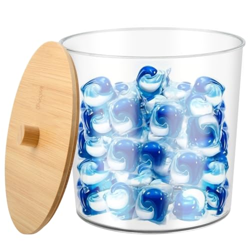 FOCCTS Laundry Detergent Storage Containers Jars with Labels Plastic Washing Powder Storage,Bathroom Laundry Pod Storage Container With Bamboo Lid, Idea for Washing Pods,Bath Bombs,Scent Booster