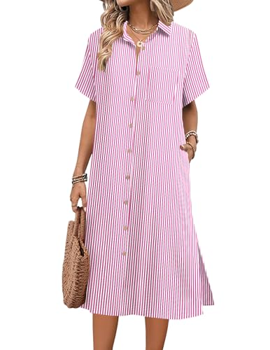 Image of HOTOUCH Womens Dress Summer Casual Midi Short Sleeve Button Down Shirt Dresses Loose Beach Cover Up with Pockets