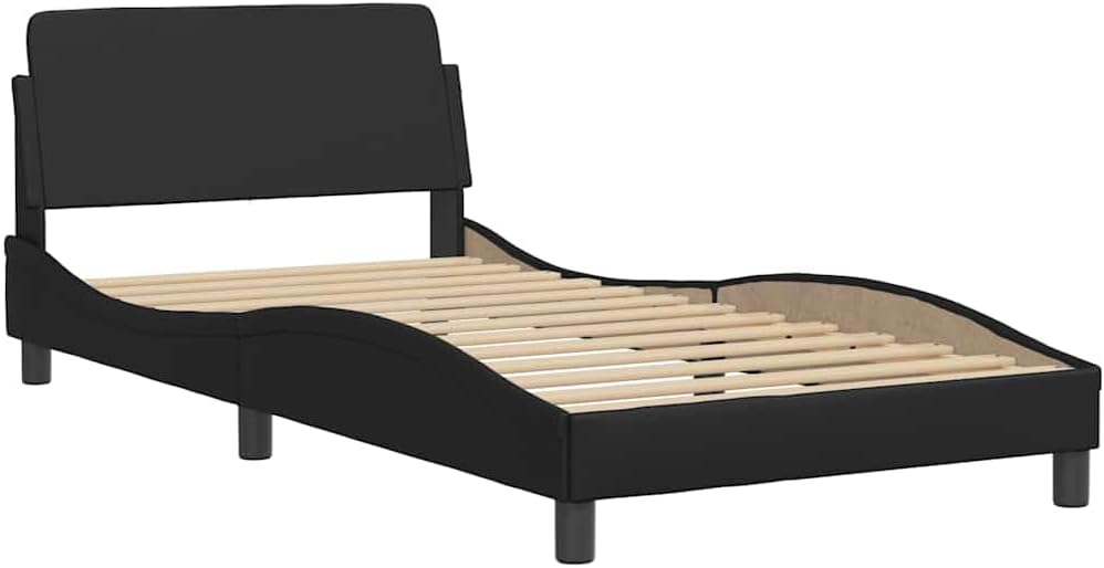 Twin Bed Frame Black Faux Leather with Padded Headboard and Storage, Sturdy Platform Foundation, Modern Minimalist Bedroom Furniture, Durable Slatted Frame for Mattress Support
