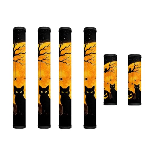 Image of Halloween Decor Refrigerator Door Handle Covers Set of 6 Kitchen Electrical Appliances Handle Protector Anti-Slip Fridge Microwave Accessories, Black Cat Moon Spider Print