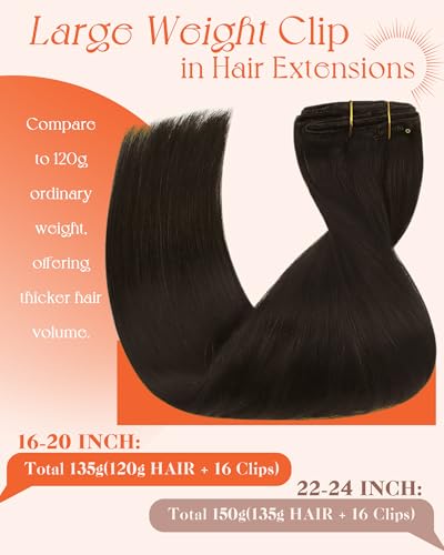 Image of Sunny Hair Clip in Hair Extensions Real Human Hair Dark Brown 16inch 135g | Brown Human Hair Clip in Extensions Give Natural Fullness, Balanced Coverage and Easy Everyday Styling For a Full Head