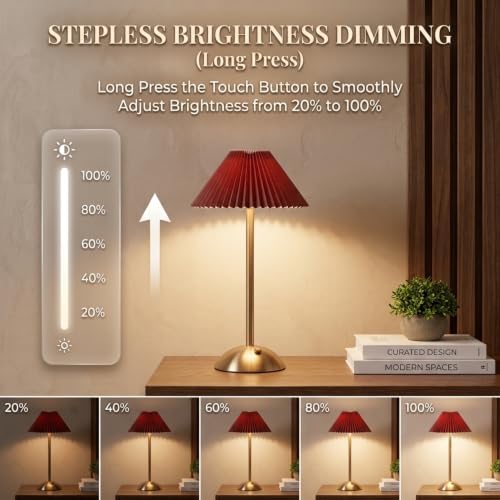 Image of NYRWANA Cordless Table Lamp Metal | 2000mAh Battery | Home Decor, Desk Lamps for Bedroom, Living Room, Study Room, Stepless Dimming, 3 Colour Touch Control, USB-C Charging (Red)
