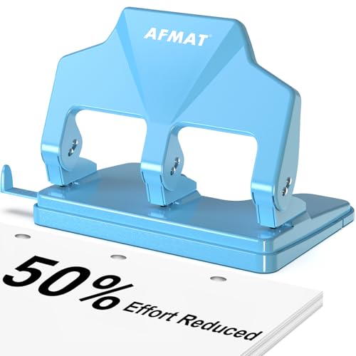 Image of AFMAT 3 Hole Punch Heavy Duty, 40-Sheet Three Hole Punch, 50% Reduced Effort, 3 Hole Puncher for Binder w /Large Chip Tray, 9 /32 inch Holes Diameter, Metal Paper Puncher for Home /Office /School, HP14(Cyan)