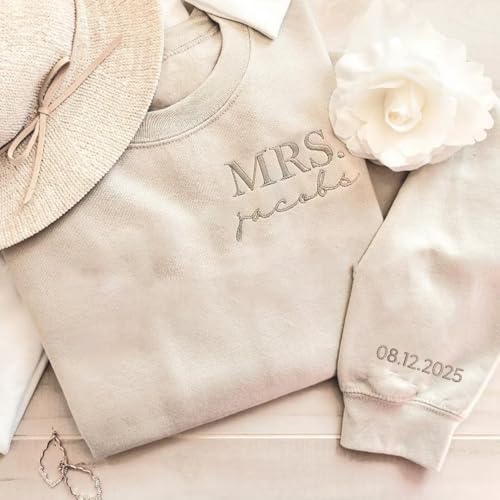 Personalized Embroidered Mr & Mrs Sweatshirt With Date On Sleeve, Custom Mr & Mrs. Sweatshirt, Gift For Bride, Future Mrs. and Mr. Hoodie, Engagement Gift, Bride Groom Gift, Matching Couples Hoodie 13
