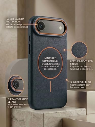 Image of amazon basics Luxury MagSafe Compatible Leather Texture Back Cover for iPhone 17 Air | Raised Camera Protection | Slim Fit Shockproof Case with Metallic Accents (Dark Blue)