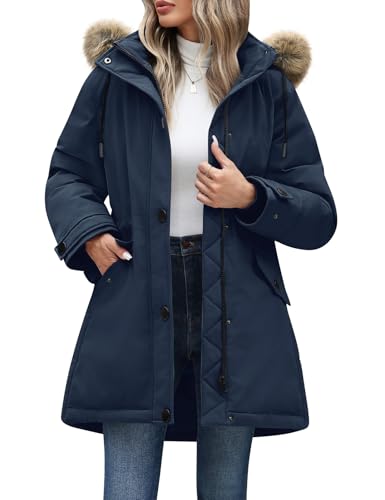 Vancavoo Abrigo Mujer Invierno Chaqueta Parka de Capucha Cálido Largo Jacket de Piel Extraíble Parka para Exteriores,Azul marino,M