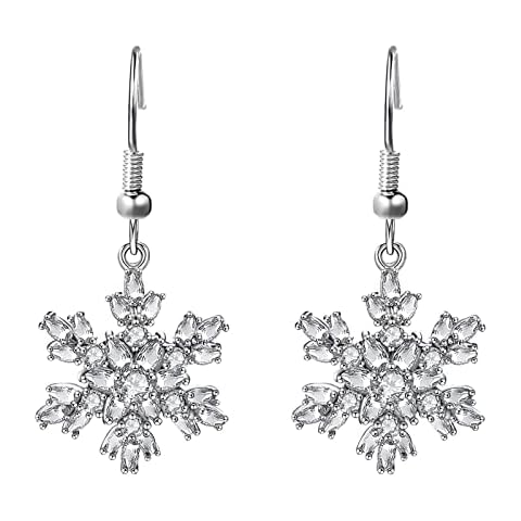 JIANGYUE Snowflake White Cubic Zirconia Drop Dangle Earrings for Women Teen Sparkling Crystal Winter Party Pierced Hook Dangle Earrings Christmas Gifts Cover