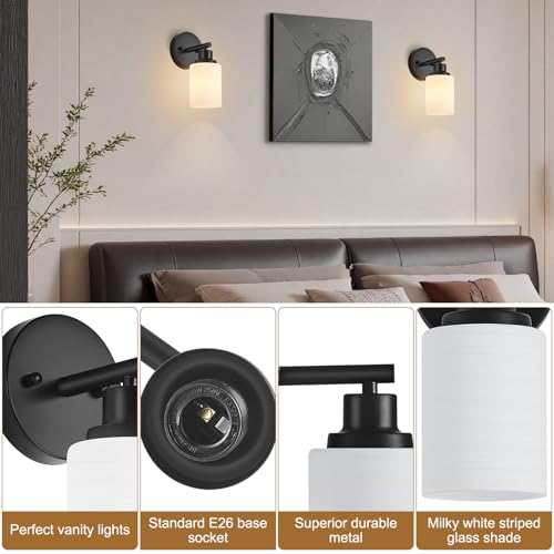 Image of 2-Pack, 1-Light Vanity Lights, Matte Black Bathroom Light Fixture with Textured Milky White Glass Shade, E26 Modern Vanity Lighting Fixture for Bathroom Wall Sconce